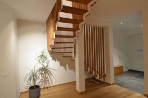 Metalltrepp, tamme liimpuidust astmetega.