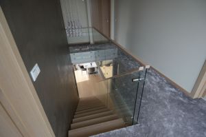 Ühetala metalltrepp, tala 100x150 mm. Astmed tamme liimpuidust paksusega 57 mm. Piirdeks kirgas karastatud 12 mm klaas.