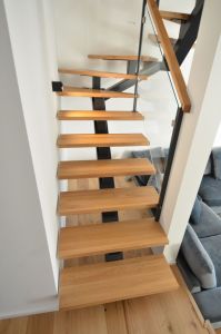 Metalltrepp, tamme liimpuidust astmetega.
